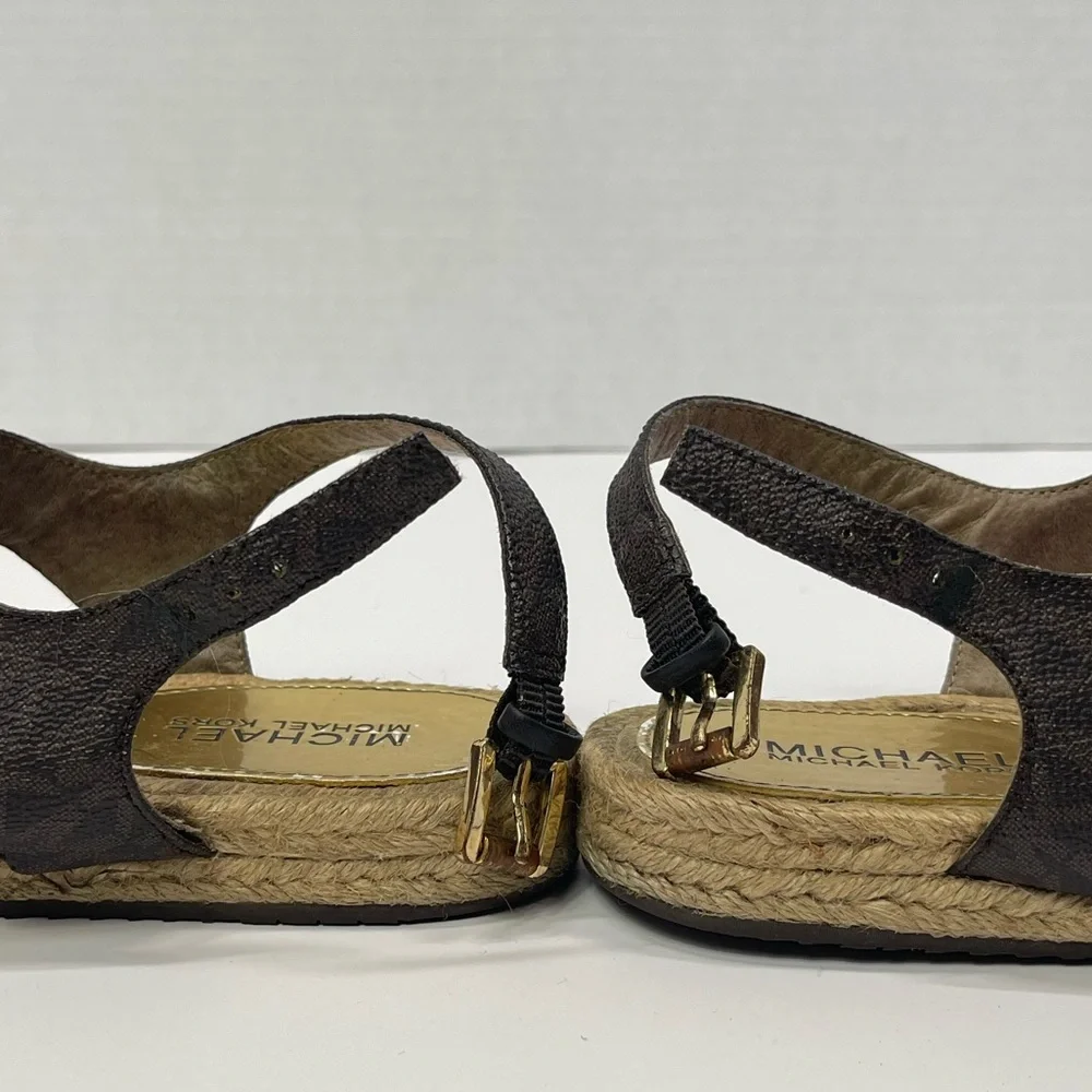 Michael Kors Espadrille Thongs Sandals Gold Brown Bow Flat Sandal Boho Vacation